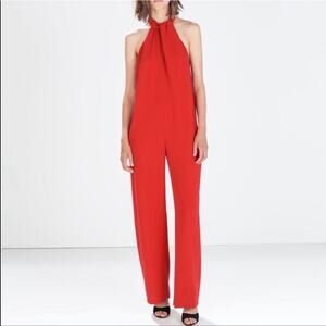 ZARA Halter Neck Jumpsuit Red Open Back Wide Leg Blogger Favorite Size XS